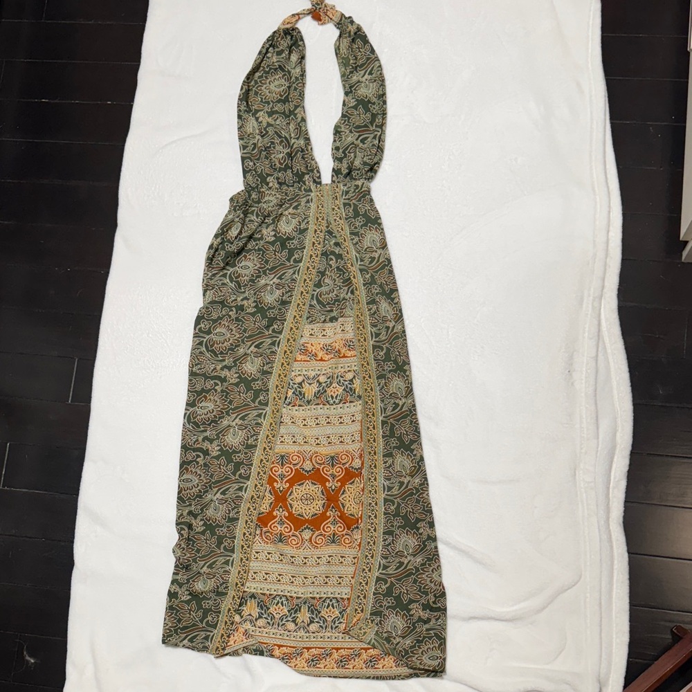 Fashion Nova Green and Orange Maxi Dress